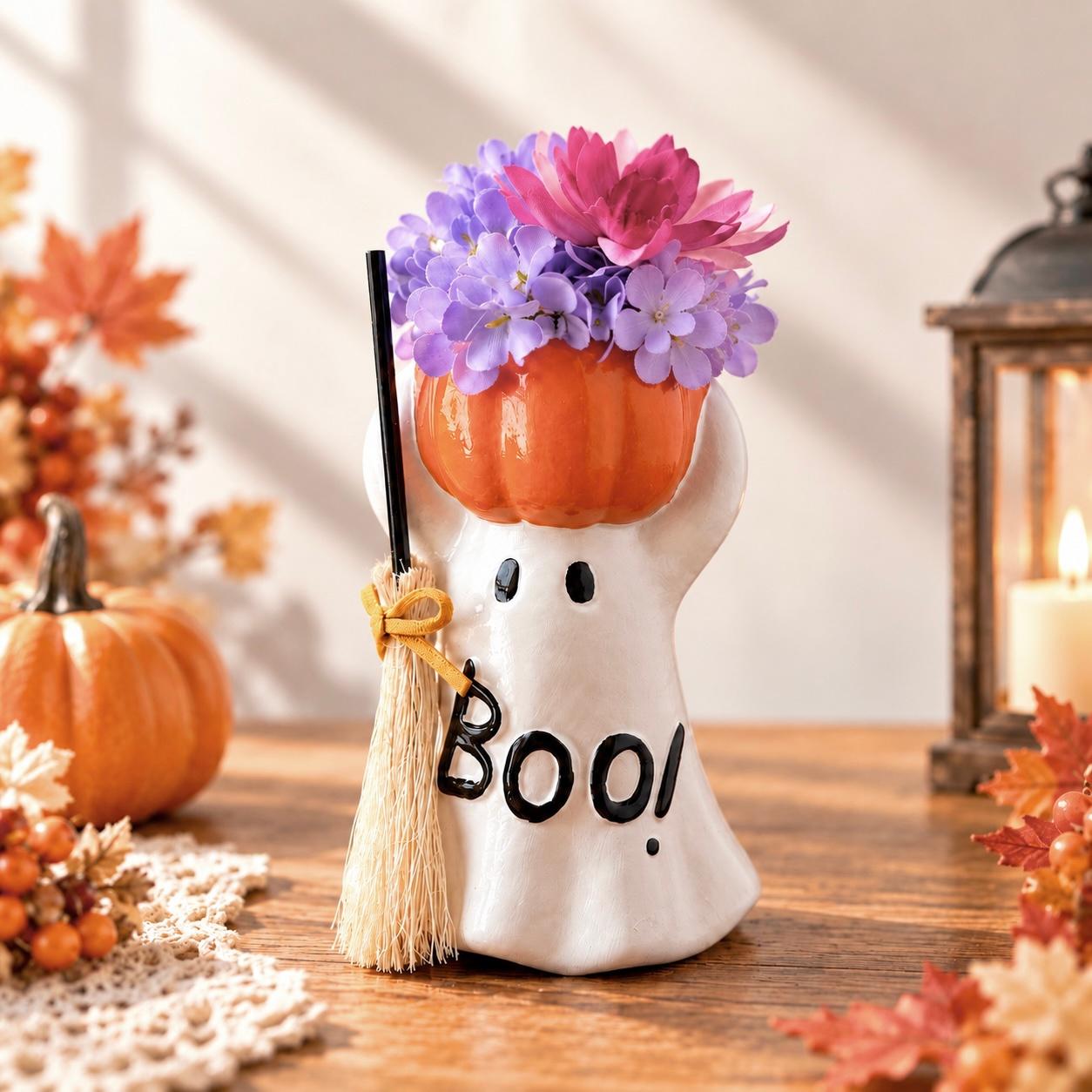 ３日以内発送！ハロウィン おばけアレンジ｜かぼちゃ・コスモス・紫のお花｜ほうき付き｜大人かわいい秋インテリア｜一点もの1枚目の画像